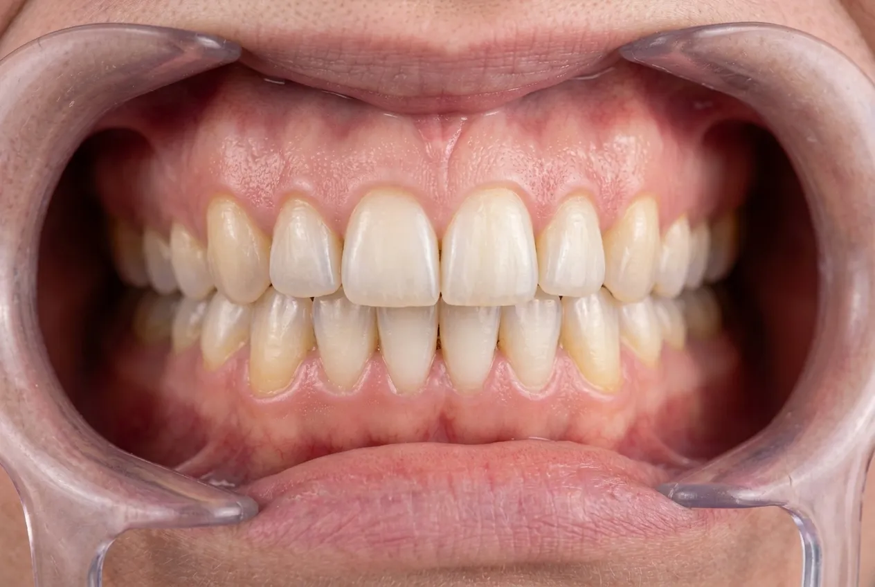 Dientes alineados y más blancos después del tratamiento de ortodoncia