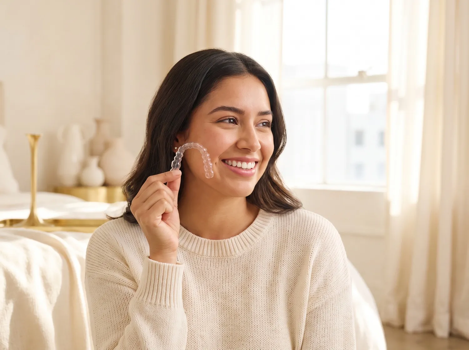 Mujer sonriendo sosteniendo un alineador invisible Aliwell